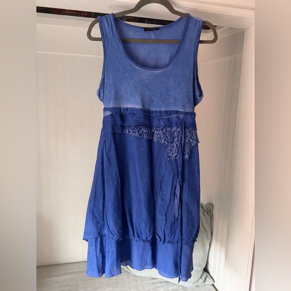 Women’s Blue Sleeveless Mini Dress by YEST with Lace Trim
